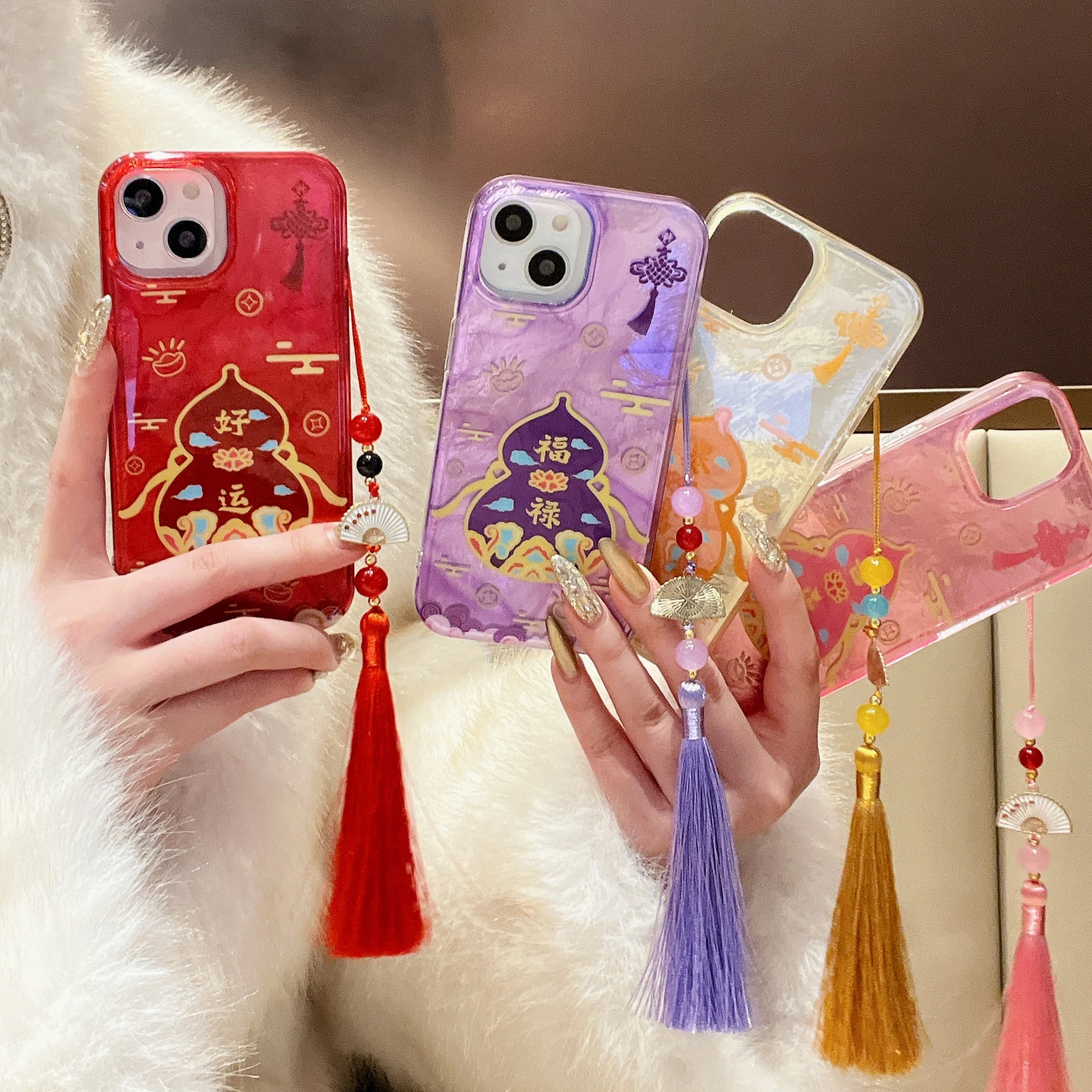 Chinese INS Traditional Style Calabash Pattern With Fringe Phone Case for iPhone 16 15 14 13 Pro Max Back Phone Cover Capa