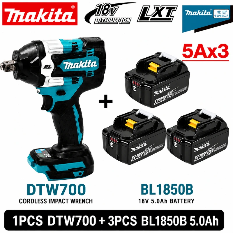 Original Makita DTW700 18V Bürstenloser Akku-Schlagschrauber 700Nm Hochdrehmoment Variable Geschwindigkeit Auto-Stopp Professionelles Elektrowerkzeug Kompatibel mit Makita BL1830 BL1840 BL1850 BL1860B