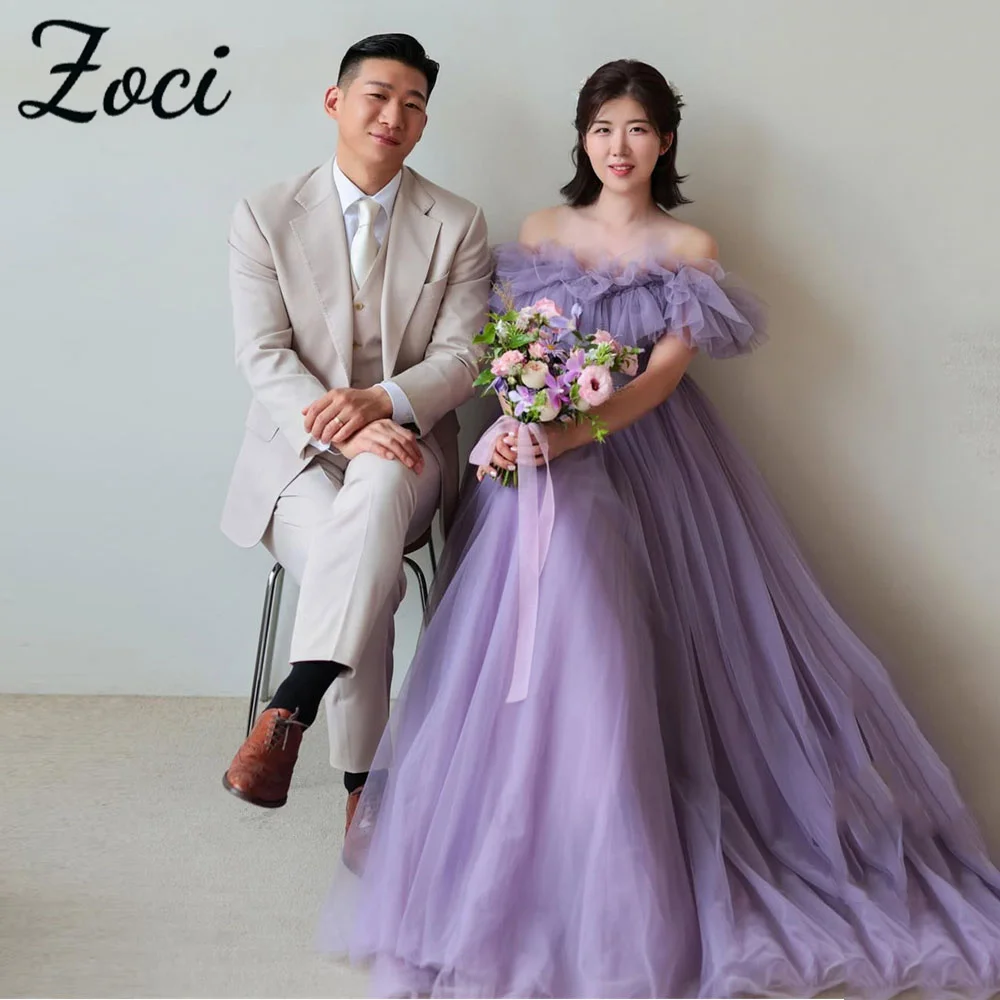 

Zoci Elegant Purple Wedding Dresses Ruffles Fairy Tulle Off Shoulder Wedding Photo Shoot Dress Customized Long Formal Party Gown