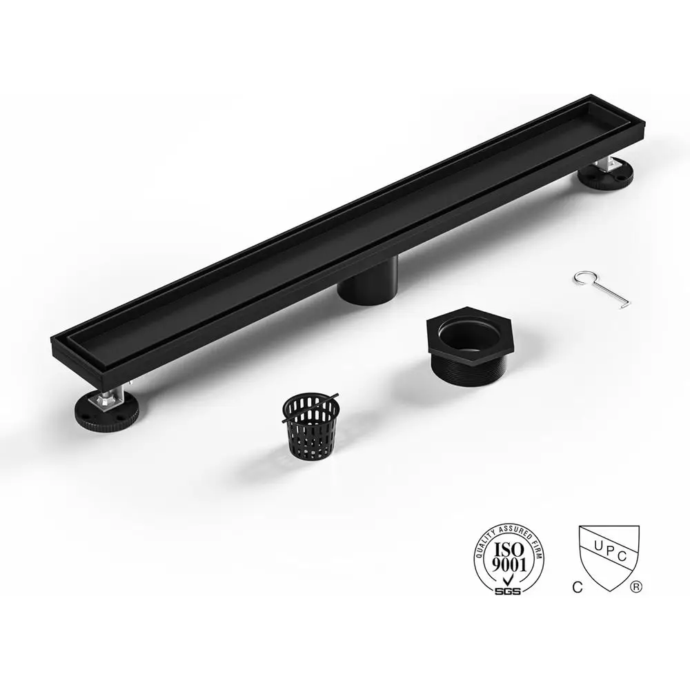 تصريف دش الحمام المطور: 28 أسود غير لامع، تصريف سريع، إدخال البلاط، ستانلس ستيل مع مصفاة شعر ومفتاح تصريف #4