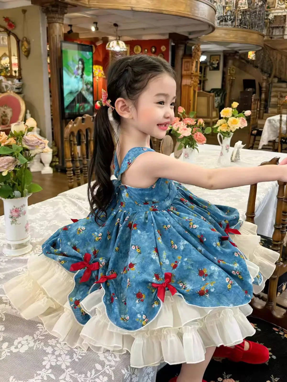Summer Spanish Vintage Royal Palace Princess Blue Lace Gauze Dress Girl Kawaii Lolita Clothes Elegant Party Evening Tulle Lace