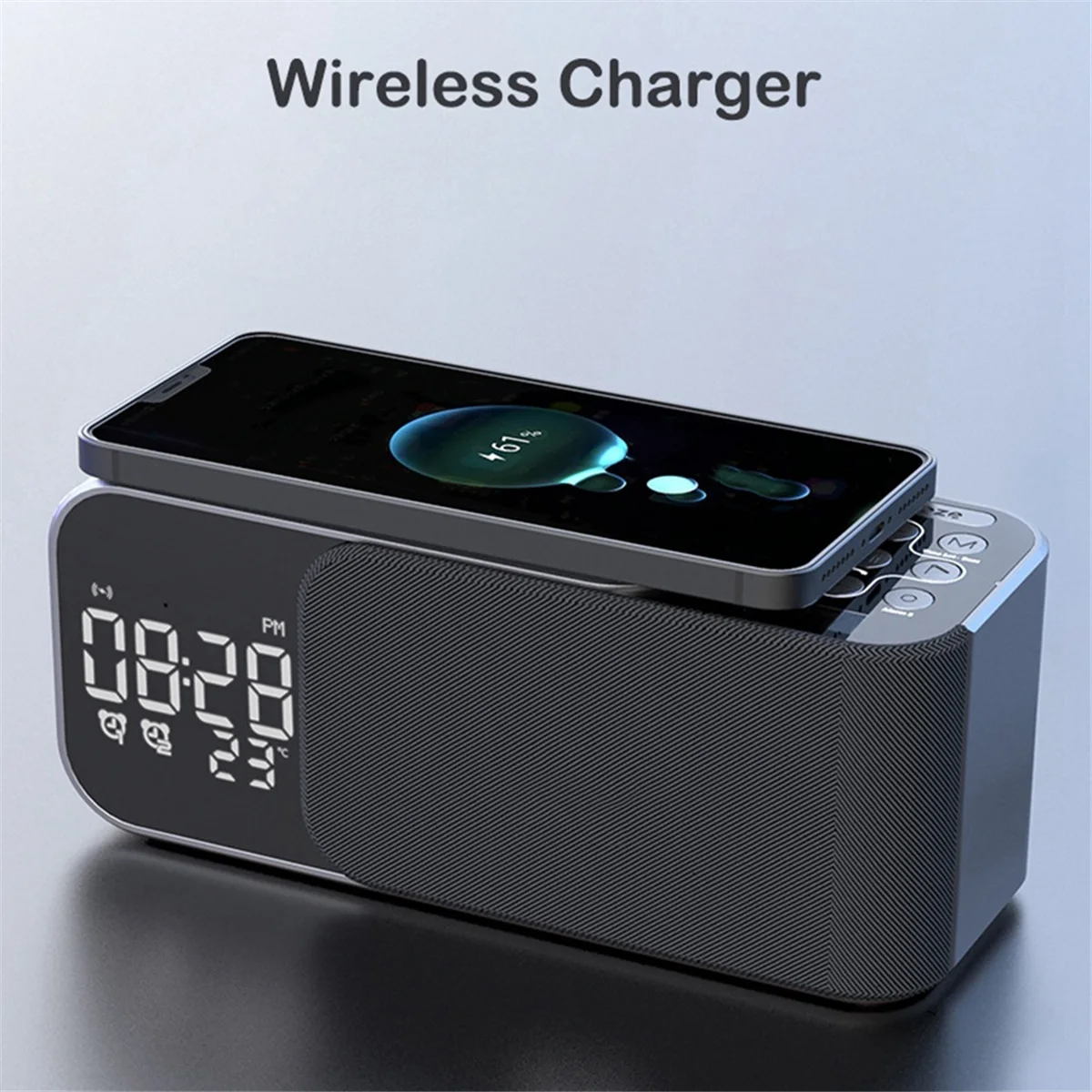 Digital Stereo FM Radio Alarm Clock Night Light Bluetooth Speaker 10W Wireless Charger-Blue