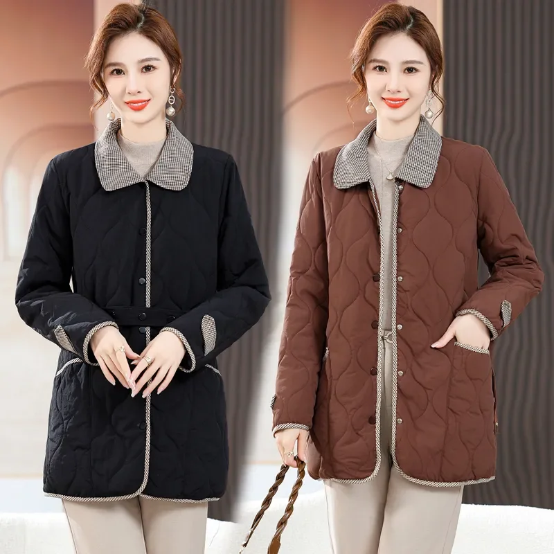 Giacca in cotone da donna medio-lunga autunno inverno 2025 Giacca frvolo allentata di nuova moda La vita Capispalla di colore puro femminile
