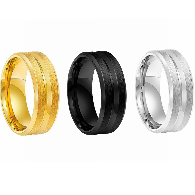 2023 8MM wide center groove frosted men's stainless steel ring popular minimalist jewelry