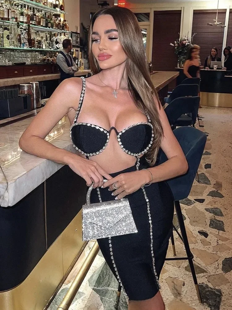 

New Arrival Black Bandage Dress with Rhinestones Fashionable Sexy Party Strap Party Cocktail Formal Event Dress
