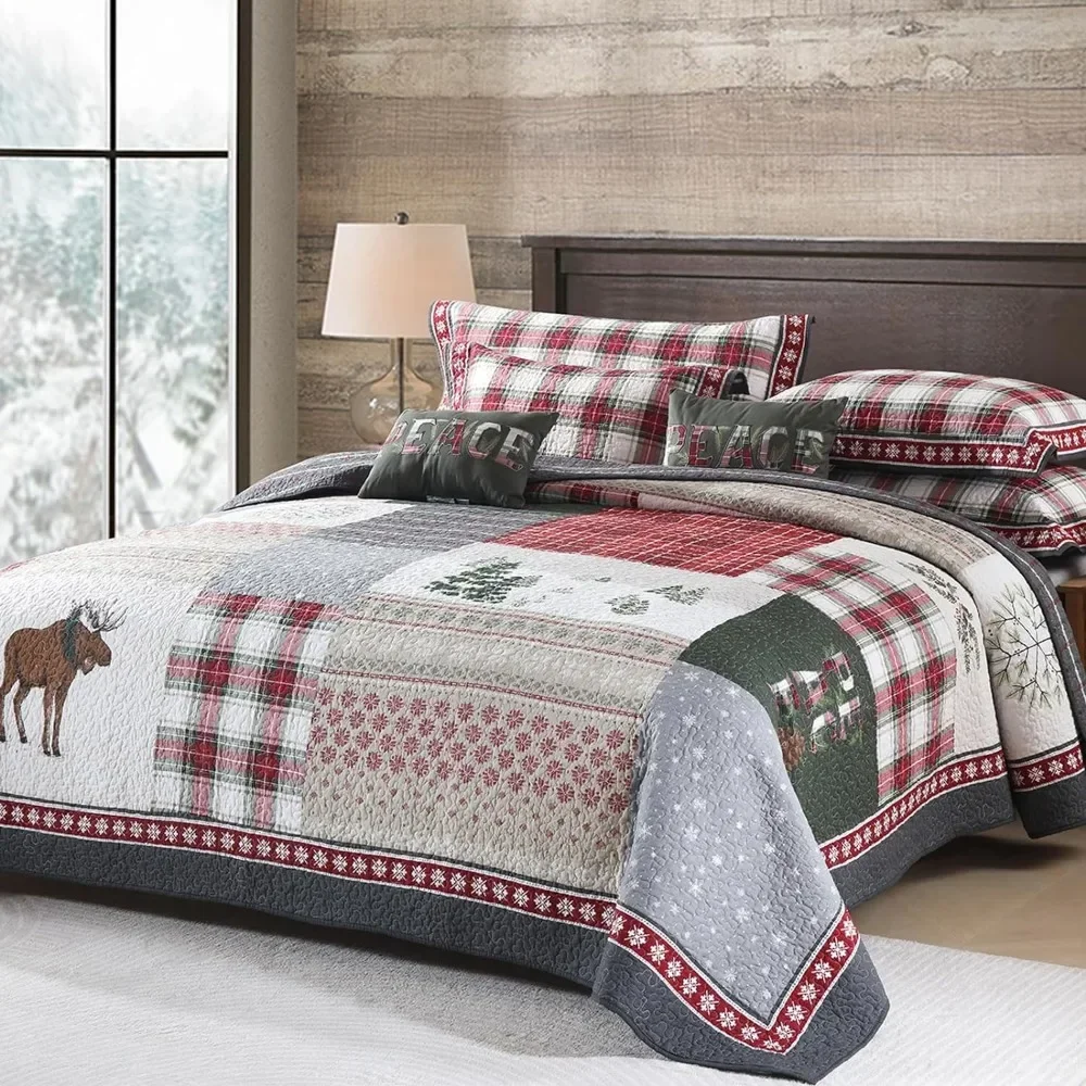 

Quilts King Size Christmas Quilt Set Patchwork Rustic Deer Quilted Bedspread with Pillowcases for All Seasons,King,108*96 Inches