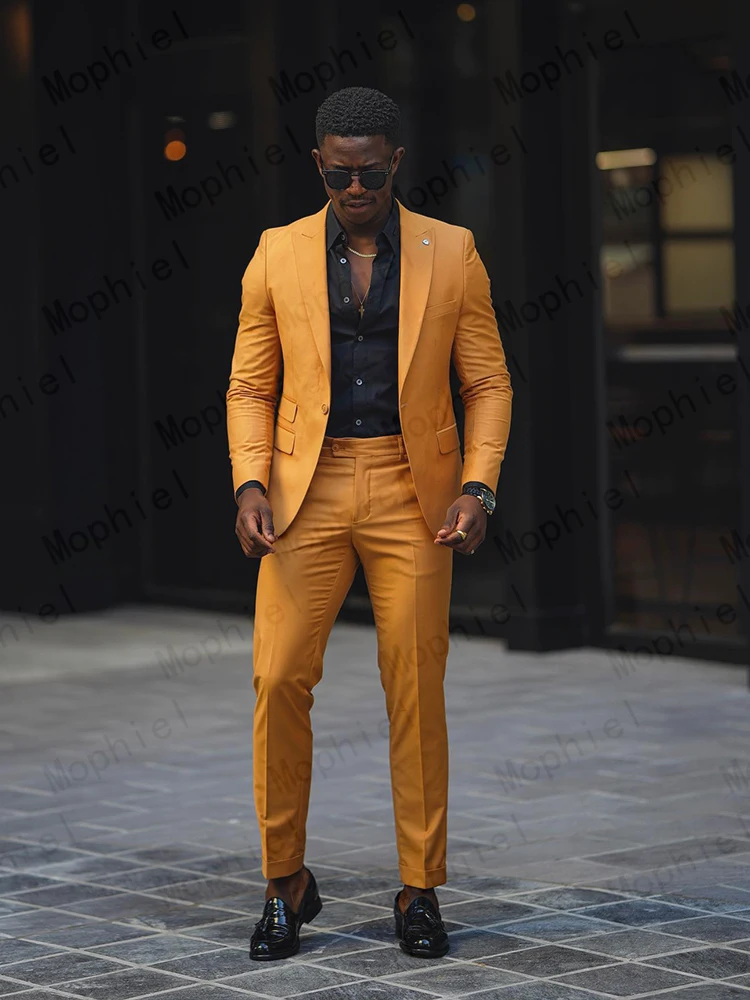 Mustard Yellow Men Suits 2Pcs Tuxedo Slim Fit Single Breasted Notched Lapel Cropped Pants for Wedding Prom Party Business Blazer view 3