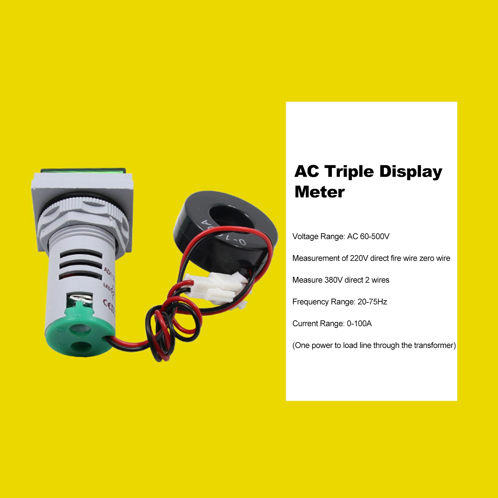 Pantalla de tres dígitos Frecuencia de voltaje de corriente CA Indicador 3 en 1 Monitor de medición LED de cabeza cuadrada de 22 mm AC60-500V 0-100A 20-75 Hz