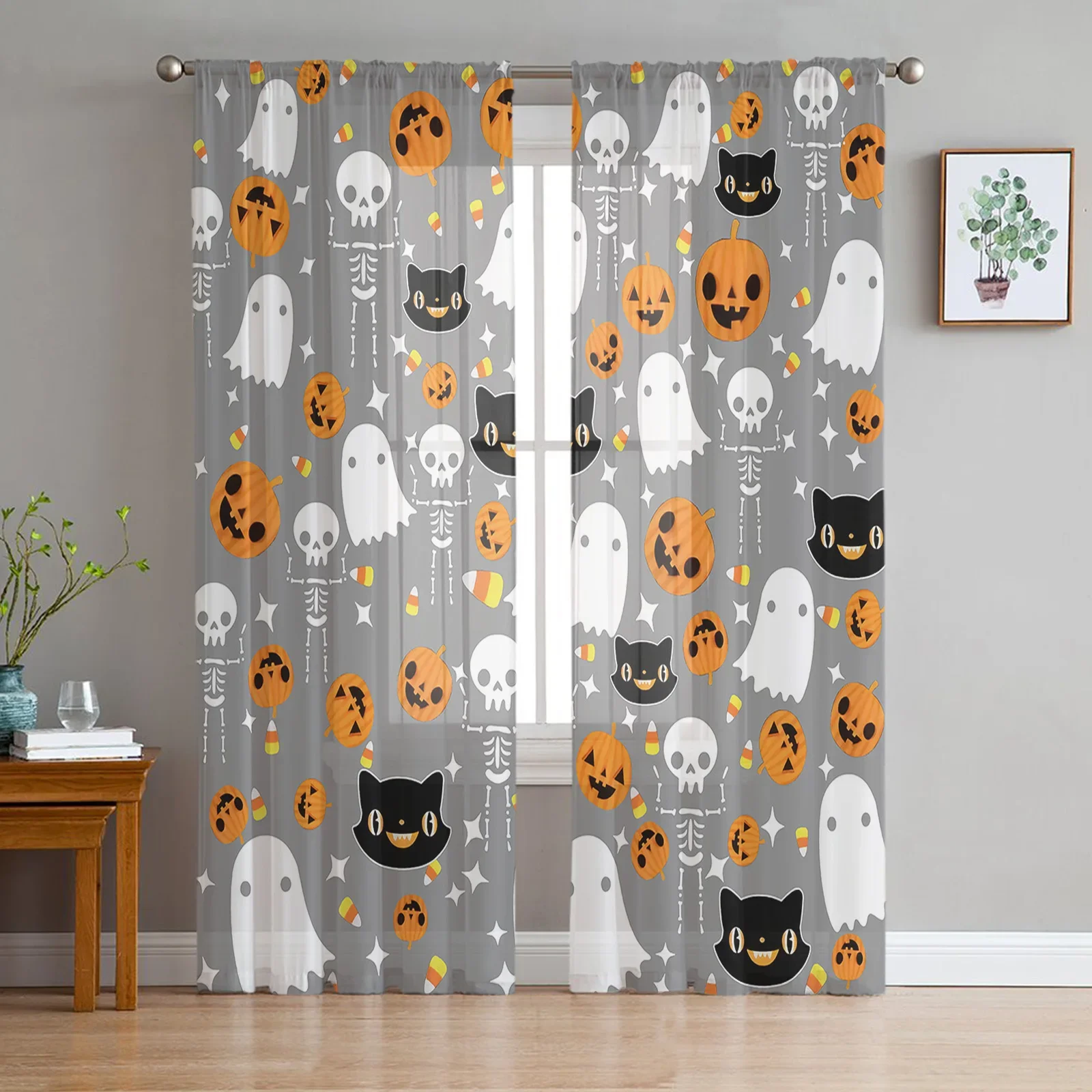 Halloween Pumpkin Candy Black Cat Sheer Curtains For Living Room Tulle Window Curtain Bedroom Kitchen Veil Drapes