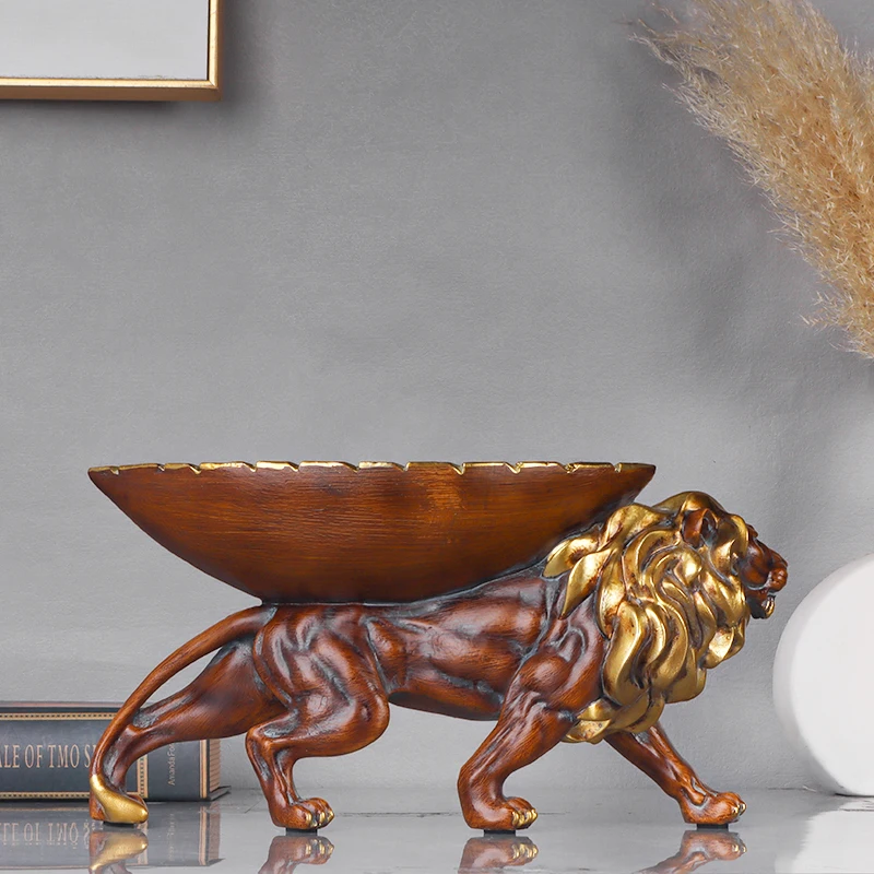 Imitation Wood Grain Lion Storage Tray Sculpture, Creative Resin Storage Ornament for Home, Bedroom, Living Room Decoration