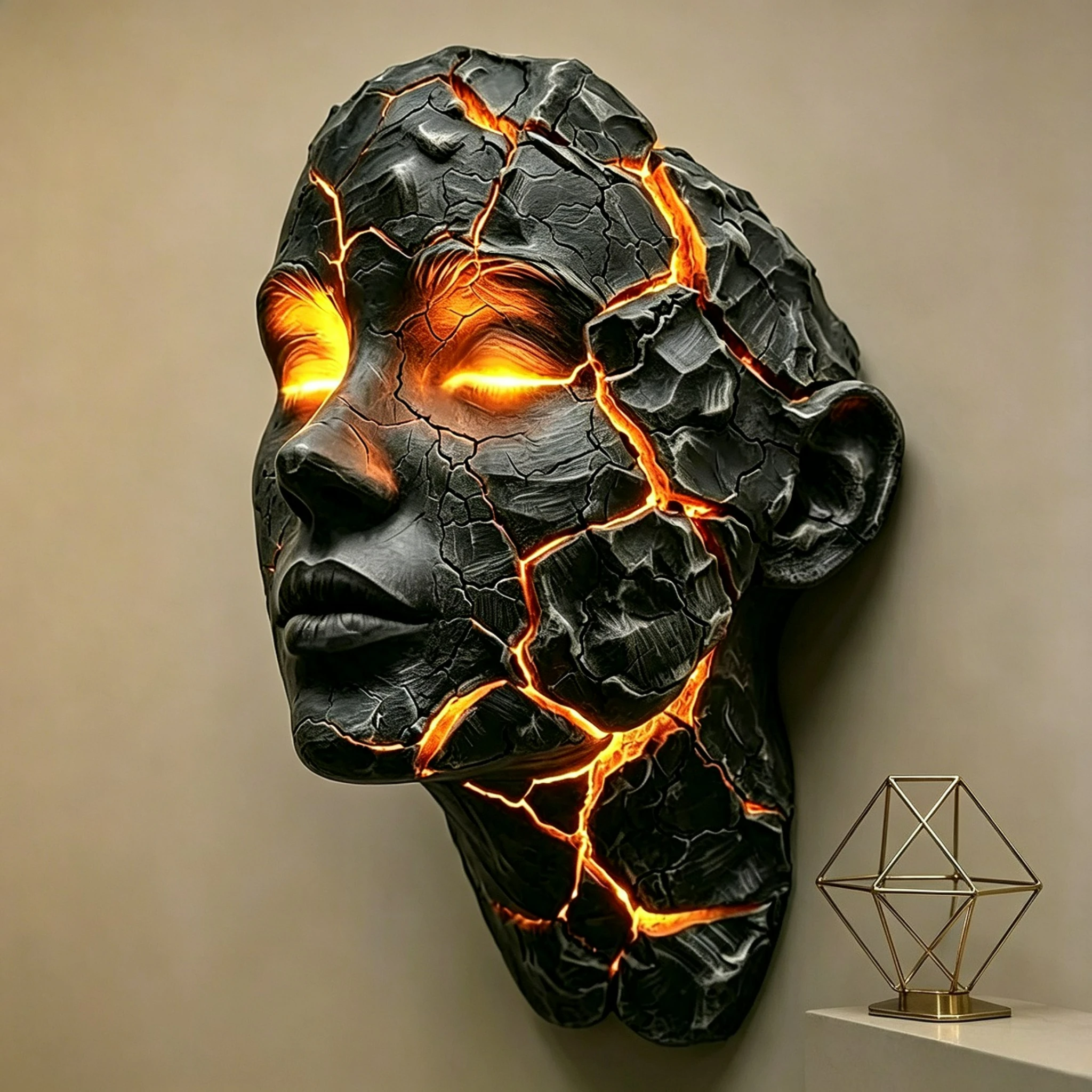 Cracked Soul Wandleuchte Schwarzes Lava-Design LED-Wandlampe mit Leuchtenden Orangen Rissen Skulptur Moderne Gotische Heim-Dekoration