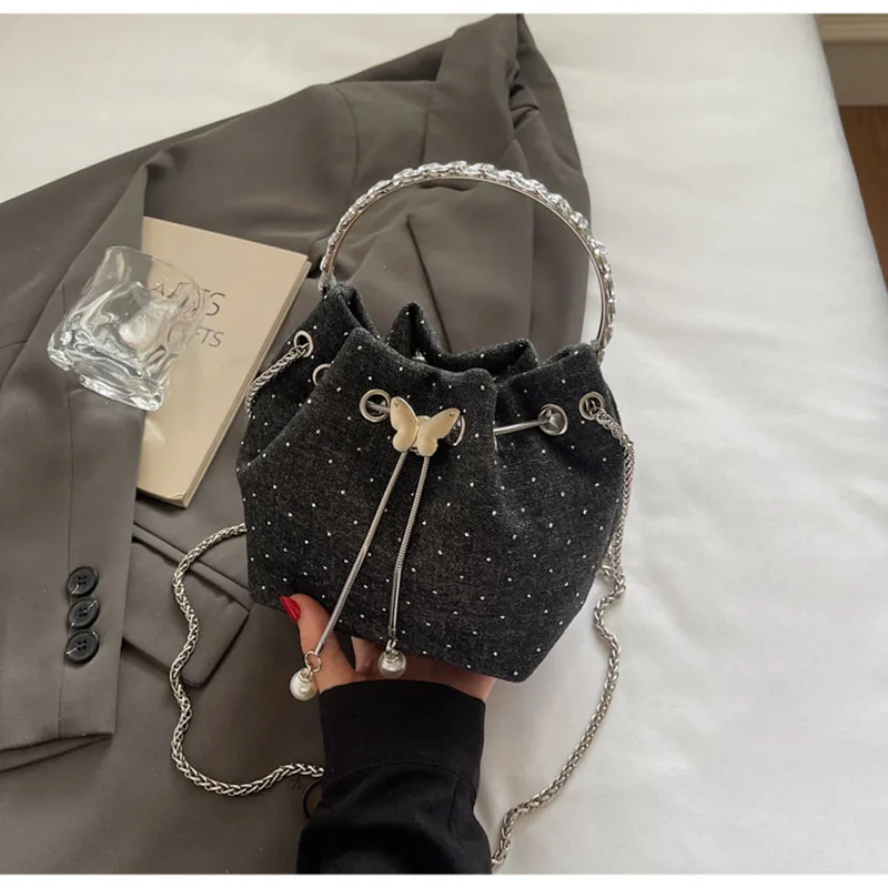 

Drawstring Summer Women Shopping Crossbody Bag All-matched Single Shoulder Bucket Bags MIni Handbag Long Stripe Clutch