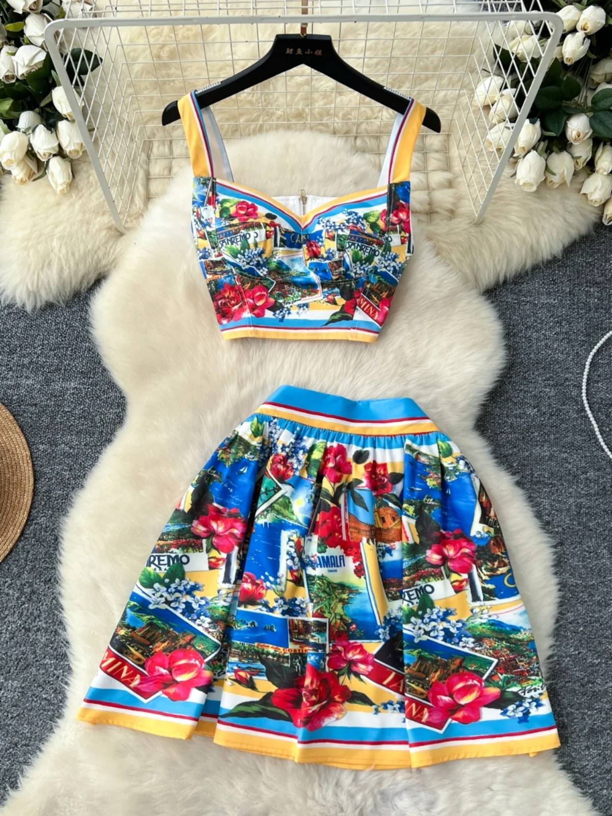 Fashion Summer Holiday Sexy Crop Tops And Mini Short Skirts 2pcs Outfits Women\'s Flower Print Two Piece Sets