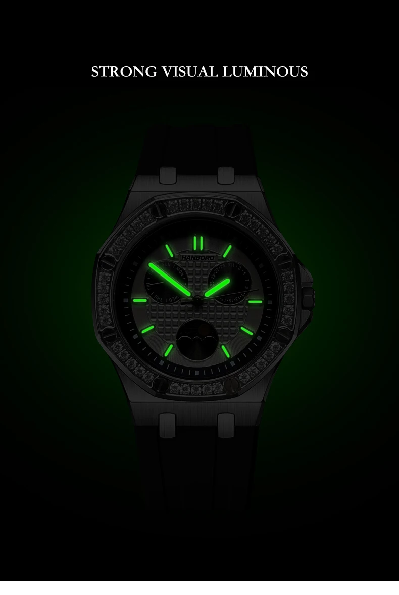 HANBORO женские роскошные часы 37 мм женские часы кварцевые наручные часы светящийся водонепроницаемый силиконовый ремешок тройные окна неделя дата