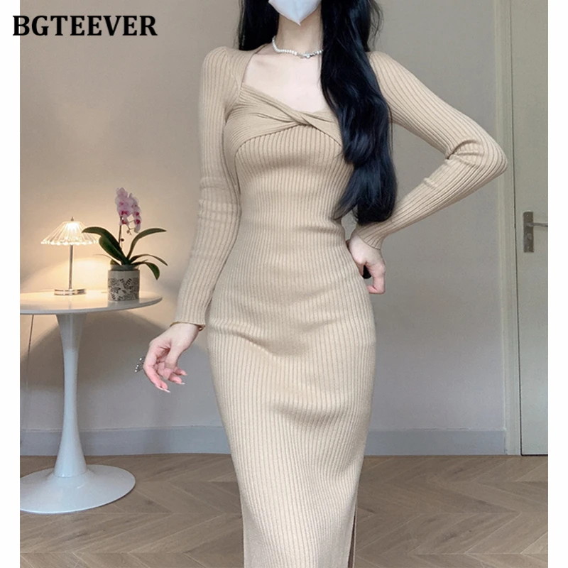 

BGTEEVER Elegant Slim Waist Ladies Split Package Hip Sweater Dress Autumn Fashion Long Sleeve Female Knitted Bodycon Dress