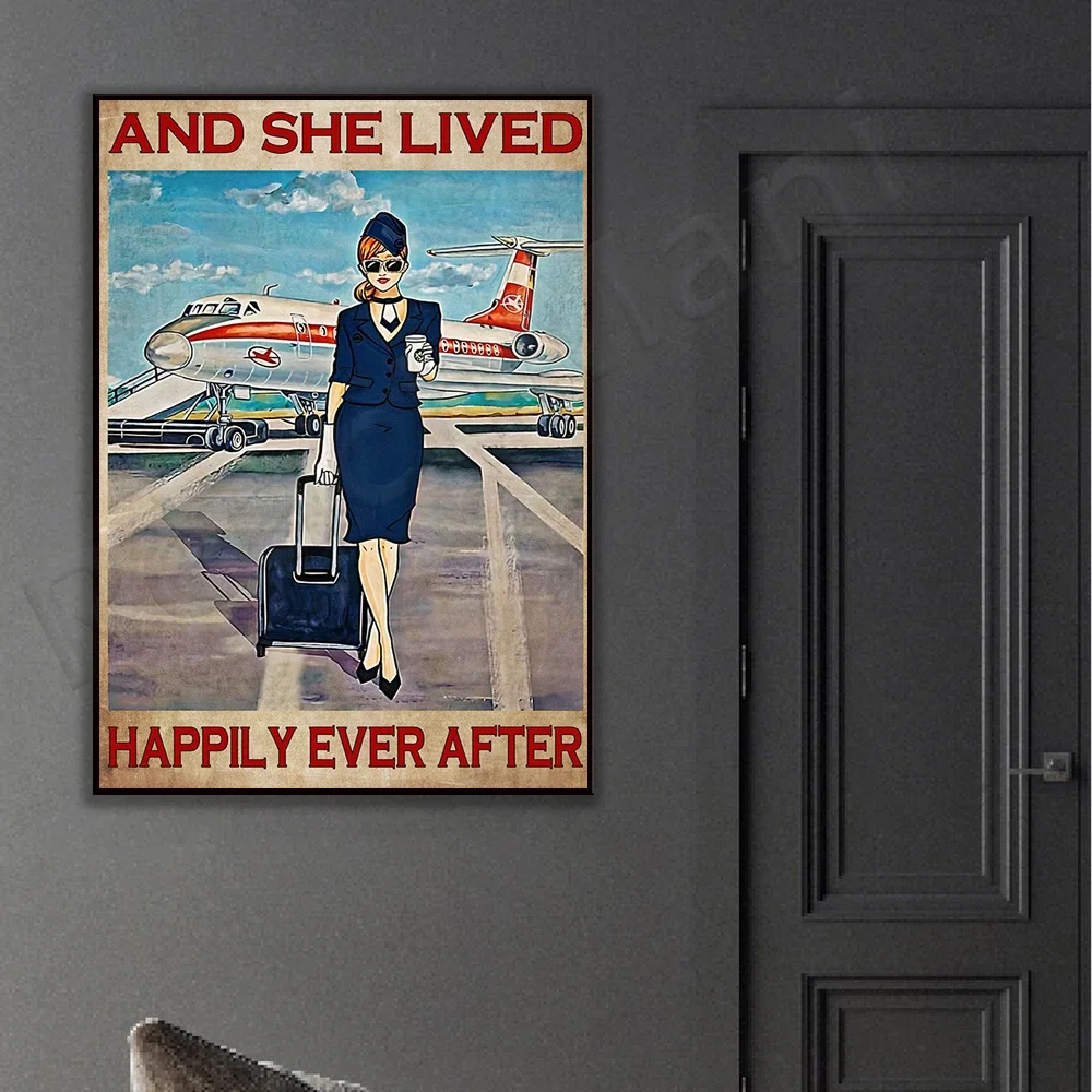 Stewardess-she lives a happy life after frameless poster retro home decoration printing art