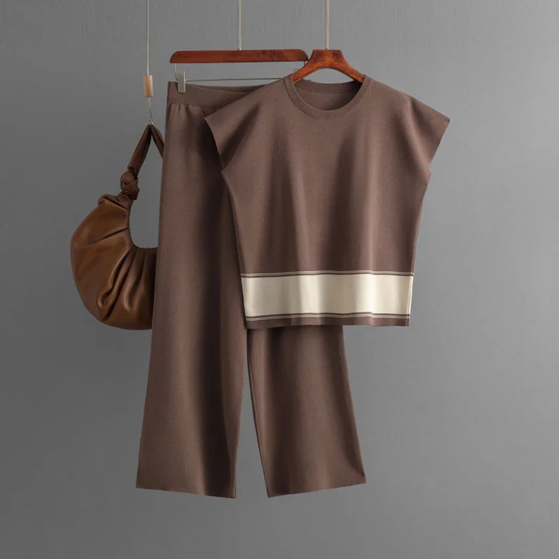 レディースニット2点セットトップスワイドレッグパンツスーツTシャツパッチワークラウンドカラーニット outfits オフィスレディサマー2025