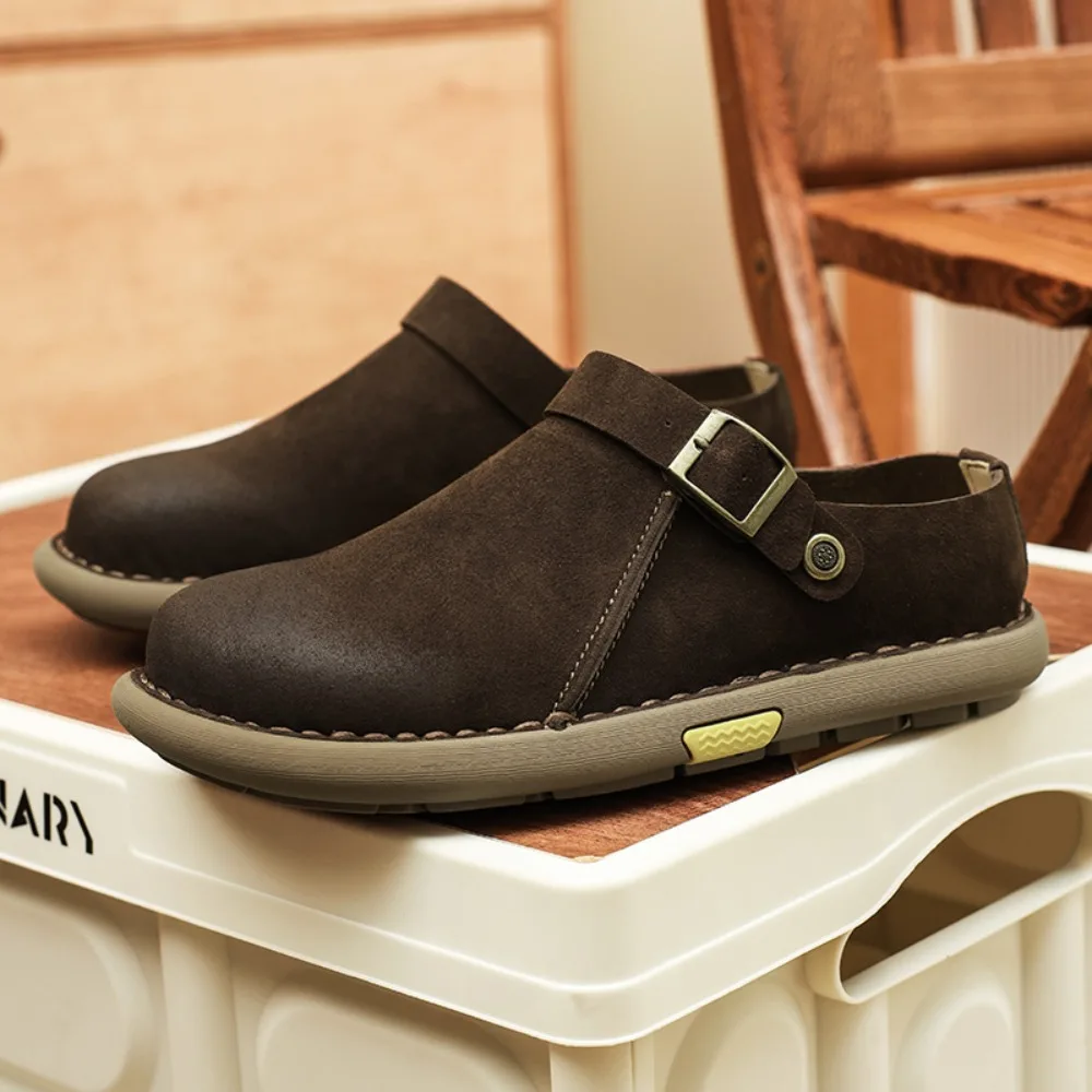 2026  One-Step Half Drag Leather Shoes British Style Mens Loafers Male Derby Casual Shoes Slippers Slides Business Lazy Flats
