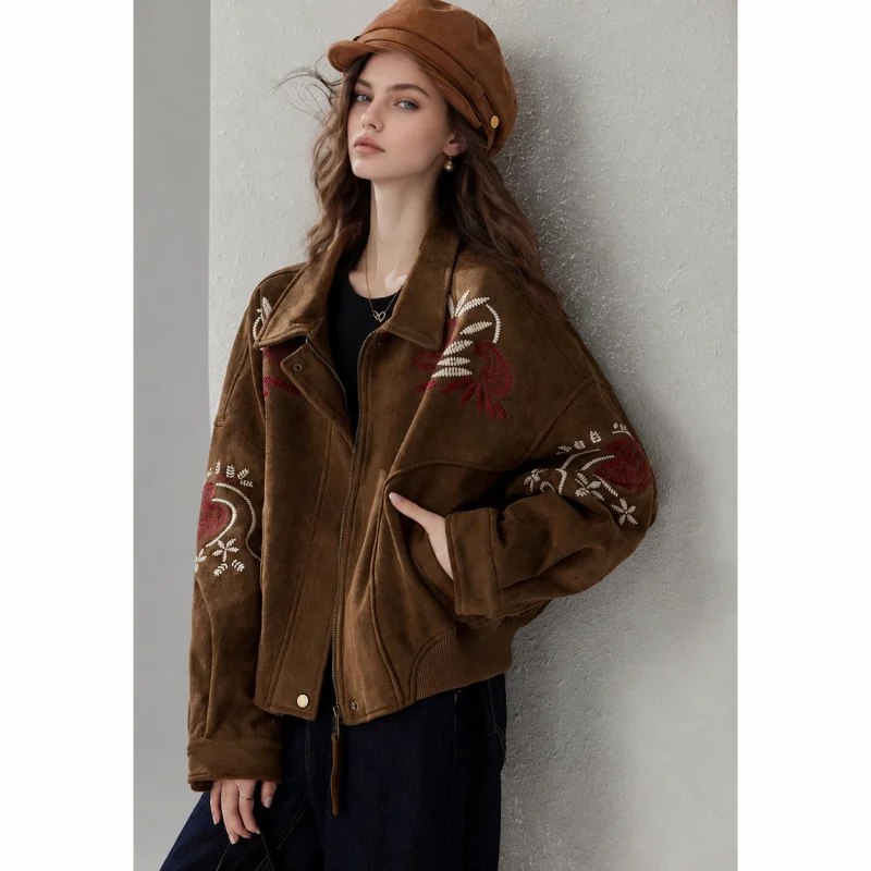 Vintage Brown Faux Suede Cropped Jacket, Bohemian Floral Embroidery Lapel Zip‑Up Loose Women Streetwear Coat