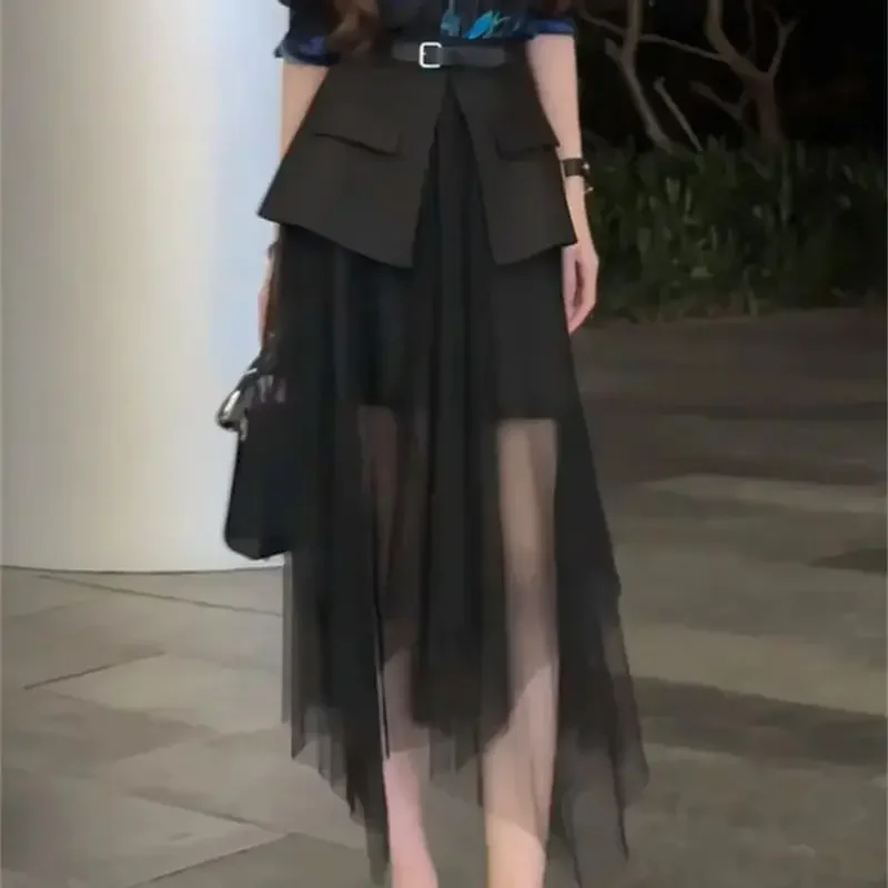 

New Summer Fashion Patchwork Mesh Skirt Women High Waist Irregular Elegant Office Lady Midi Skirts Solid Color Jupe