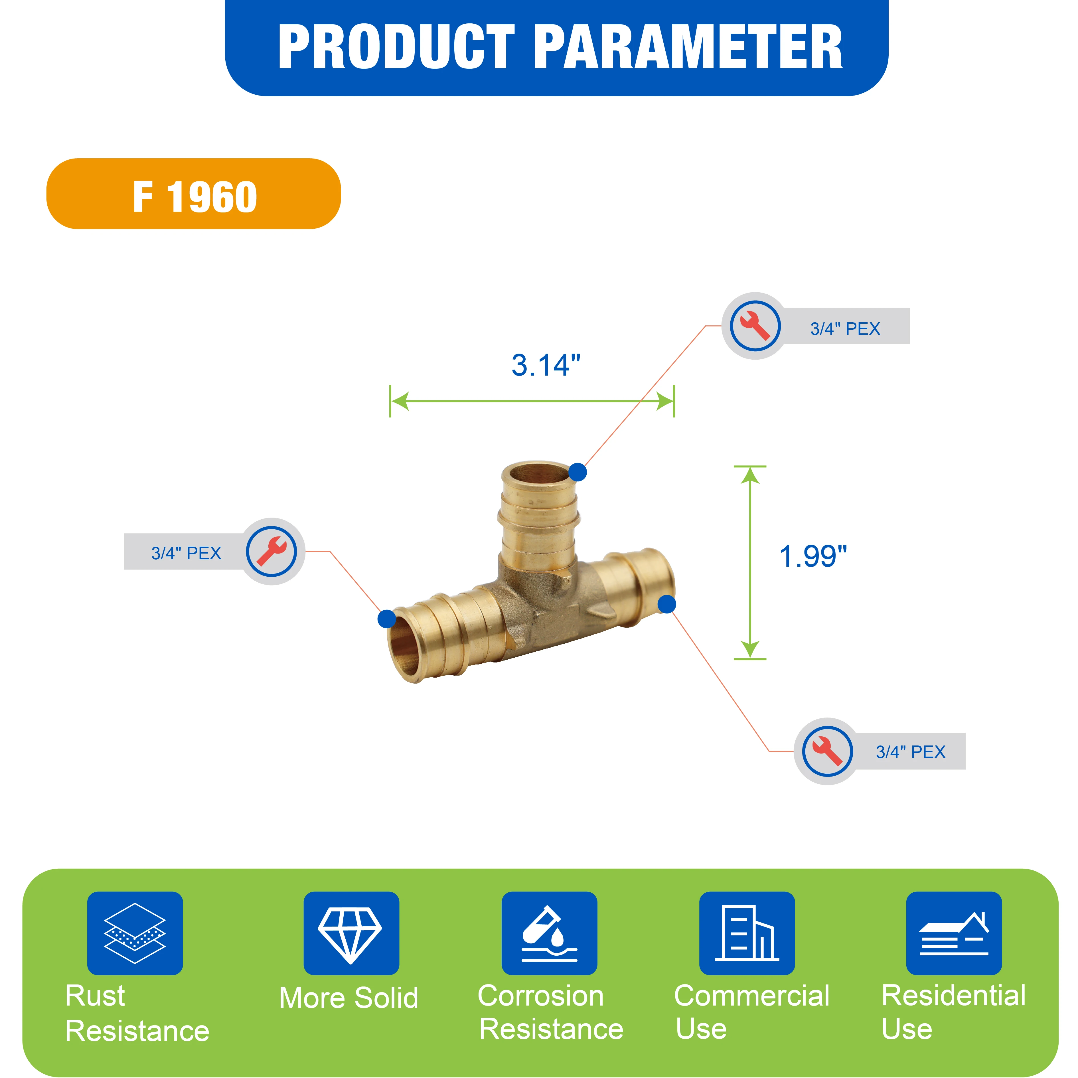 KING SMART  F1960/Wisbo/PEX A Expansion 3/4" * 3/4" * 3/4" PEX Tee; 8Pcs/Case; Lead Free Brass; 80264