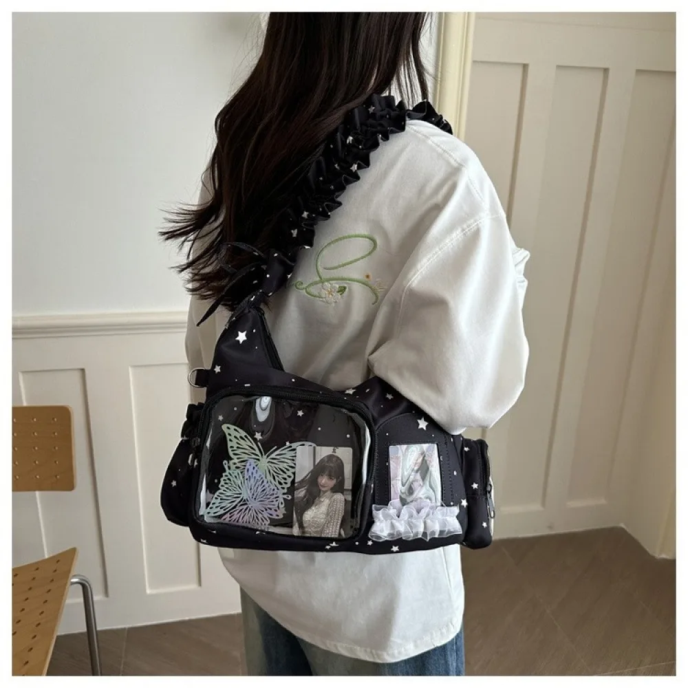 Y2K Rüschen-Stern-Itabag mit doppeltem Klarsichtfenster, Schultertasche, Kpop-Fotokarten-Hobo-Handtasche – Detail 4