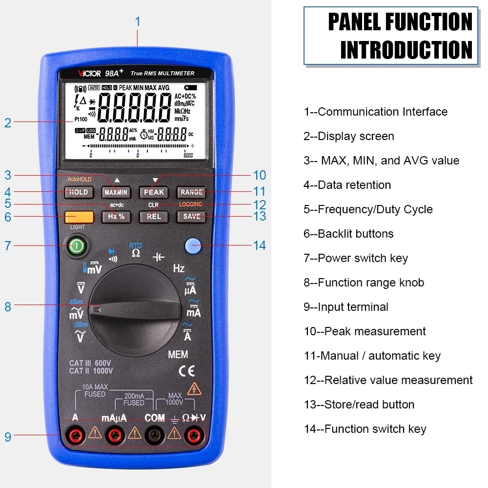 98A Multimeter TRUE RMS 22000 Counts RTD PT100 Thermocouple Tester New In LCD Backlight Portable USB AC/DC Ammeter Ohm Voltmeter