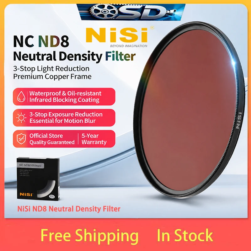 NiSi NC ND8 Neutral Density Filter 3-Stop Light Reduction Copper Frame Waterproof Oil Resistant IR Blocking Coating