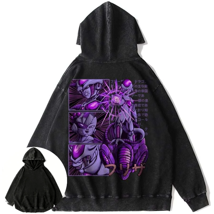 

Mens Vintage Dragon Ball Cotton Hoodie with Frieza Character Purple Multi Panel Back Print Anime Graphic Long Sleeve Sweatshirt