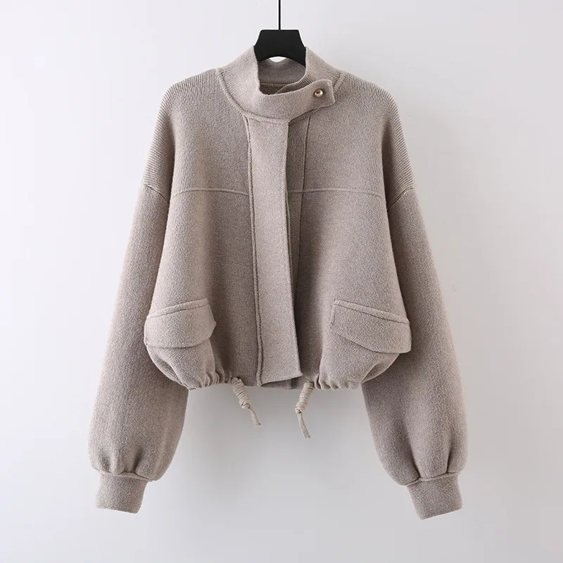 

SuperAen, осень 2025, новая женская куртка с воротником-стойкой в корейском стиле, однотонные повседневные однобортные свитера