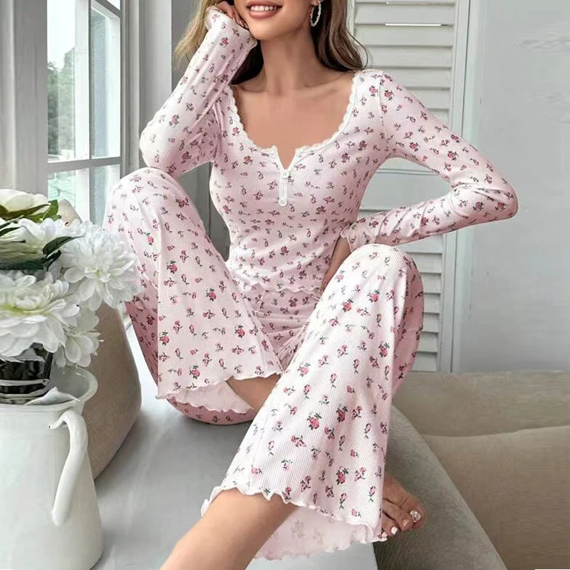 CHUANGERM Fresh Small Floral Print for Ladies Long-Sleeve Light Colored Top and Long Pants Soft Fabric Slim Fit Casual