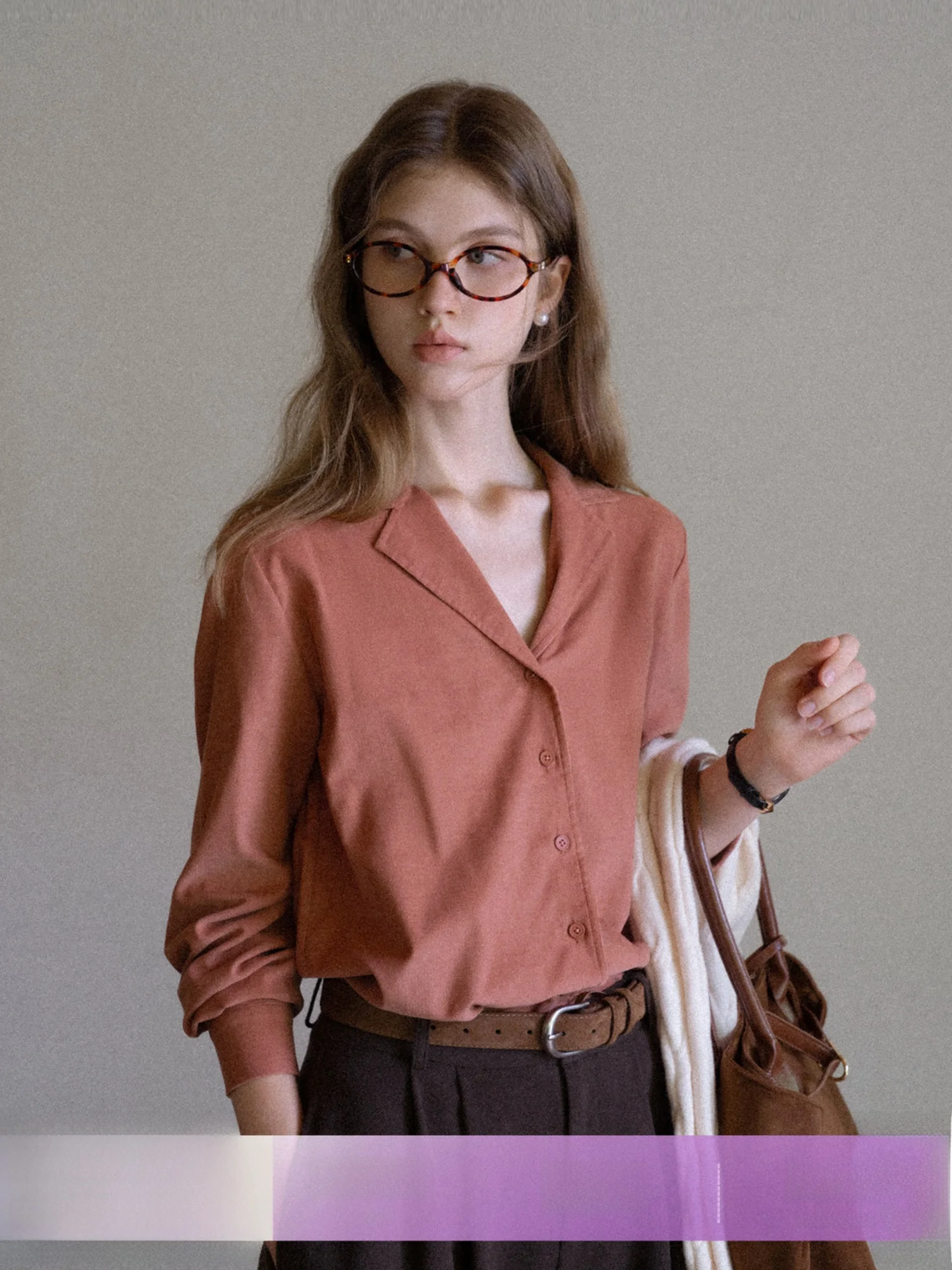 

EGGKA Pink Long Sve irt Women's Casual Commute V-Ne Slimming Casual Versatile Top Polyester Fiber Straight Cut