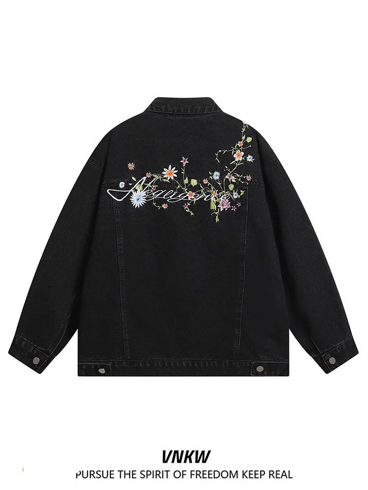 

Американский ретро-джинсовый жакет свободного кроя с вышивкой и цветочным узором, повседневный, в стиле рабочей одежды, для мужчин и женщин