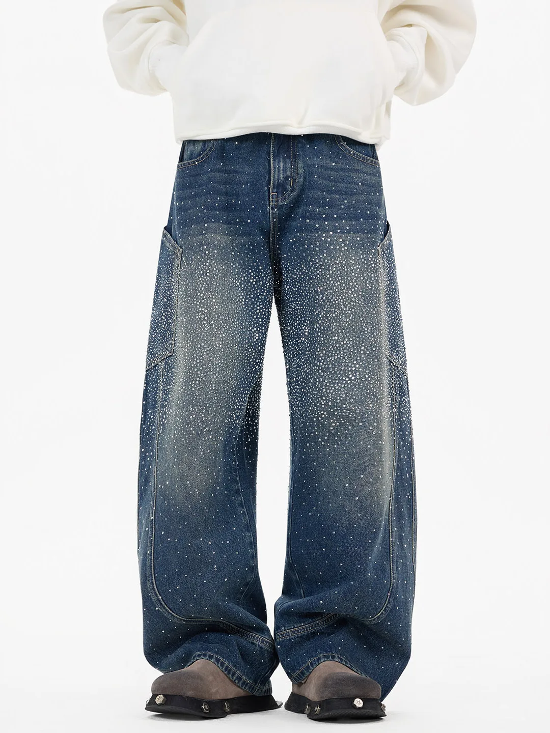 

American Heavy Du Rhinestone Large ket Curved Knife Jeans Men Women Star Loose 3D Tailoring Fla Wide Leg Pants