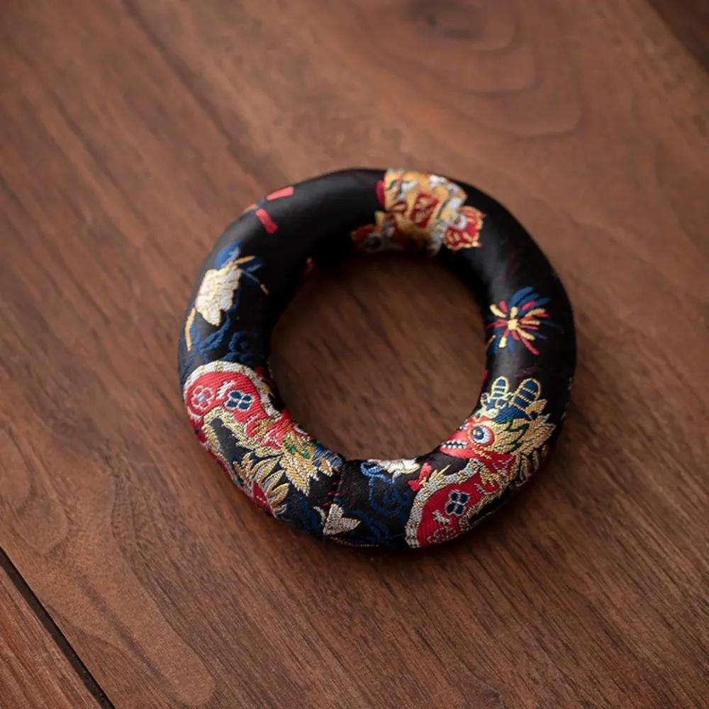 Nepalese Dragon Design Singing Bowl Mat Brocade Non Slip Sound Copper Out Mat Traditional Donut Shape Wooden Fish Coaster