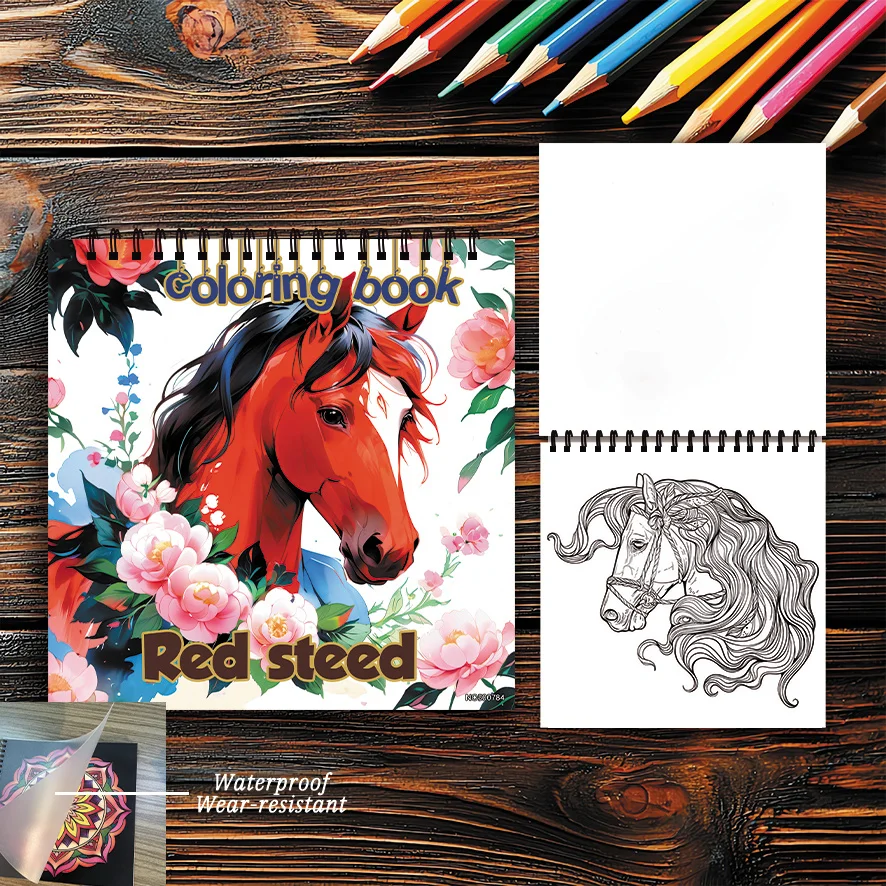 Red Steed with Flowers Coloring Book - 8.27×8.27 Inches, 22 Pages. Perfect for Horse Enthusiasts' Relaxation, Stress - Relieving