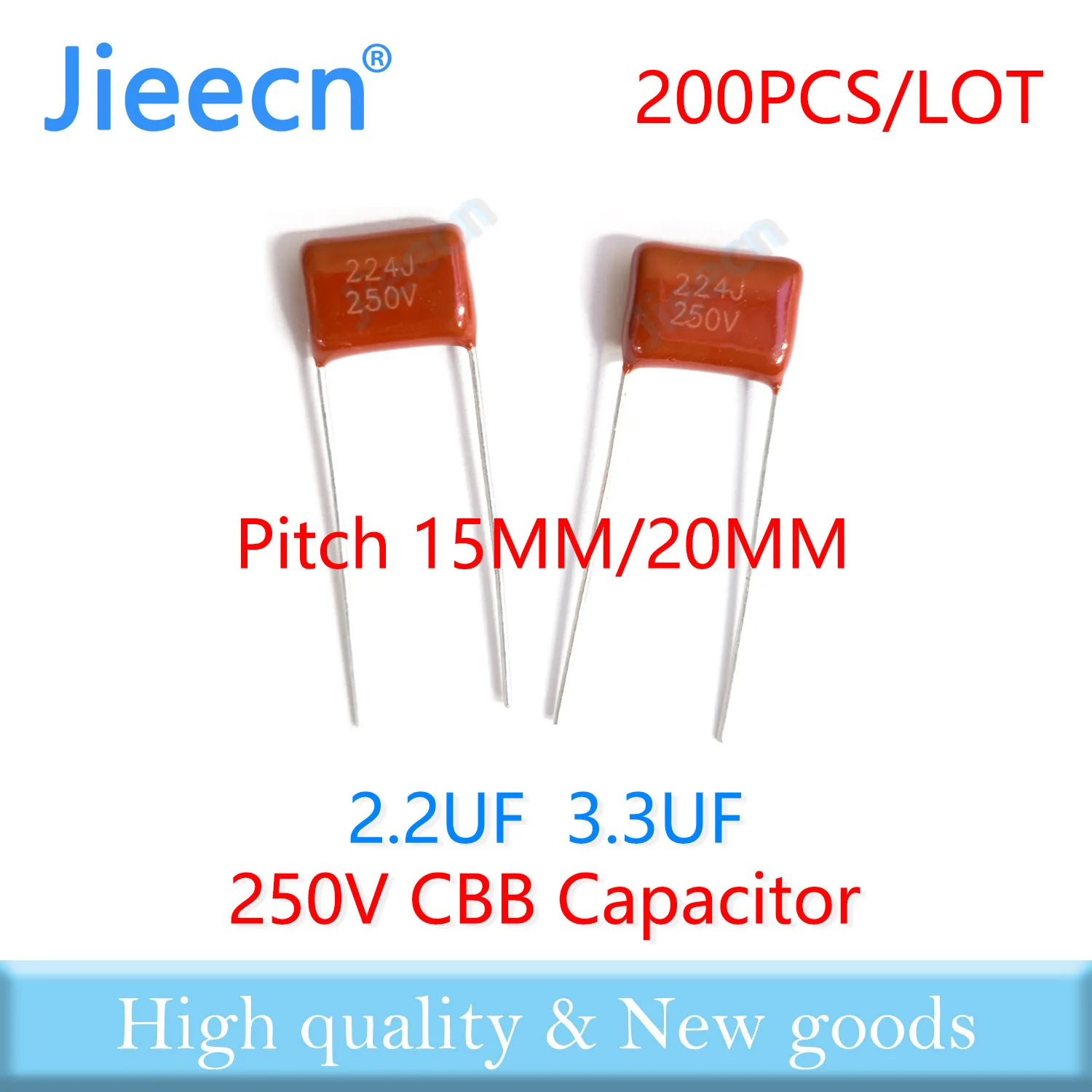 

Jieecn 200 шт. 15 мм 20 мм 250 В 2,2 мкФ 3,3 мкФ 225J 335J CBB полипропиленовый пленочный конденсатор высокого качества 225 К 335 К