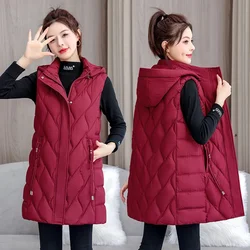 2025 Autumn Winter Mid Long Down Cotton Jacket Women Vest Coat Hooded Casual Waistcoat Female Parka Overcoat Chaleco Mujer 5XL