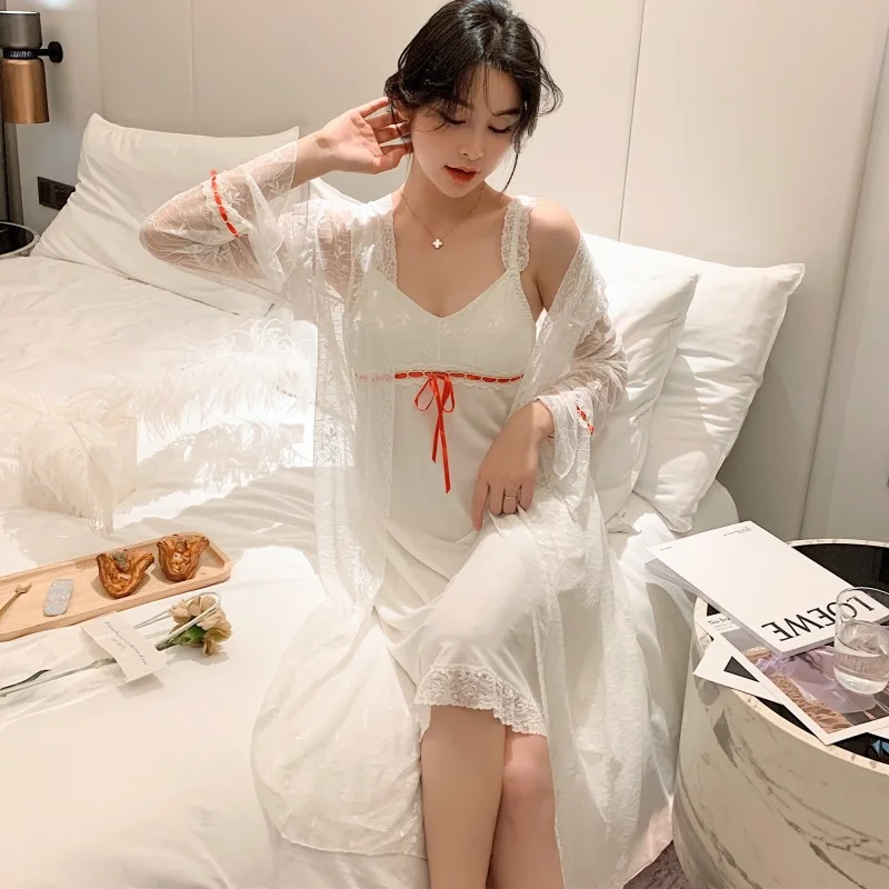 Bra Pad New Spring Autumn Women's Sleepwear Nightshirt Modal Lace Princess Night Dress Sexy Nightgowns Female Two Piece Set