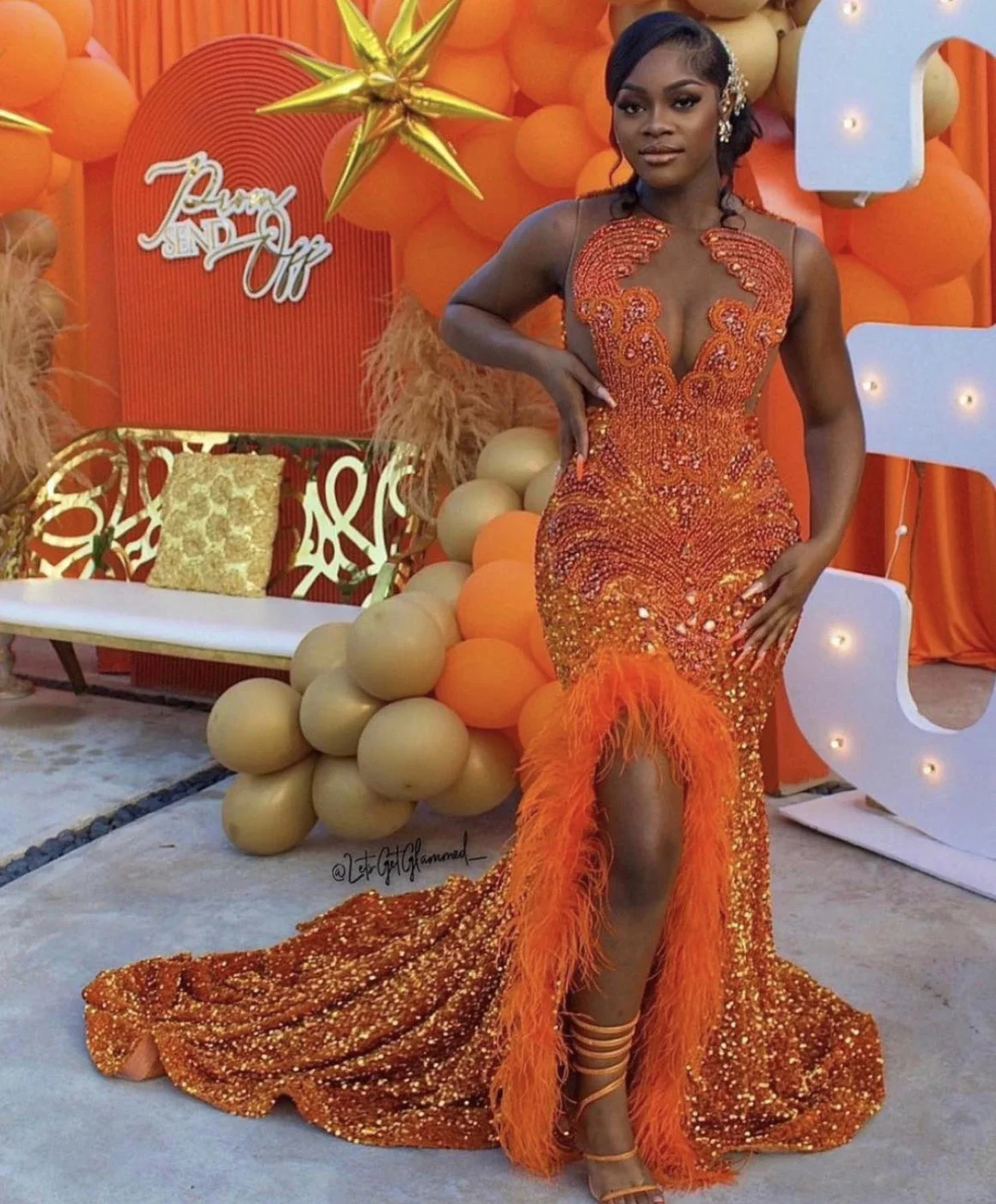 Feather Rhinestones Prom Dresses Orange 2024 Black Girl Luxury Mermaid Beaded Long Formal Evening Party Gown for Birthday