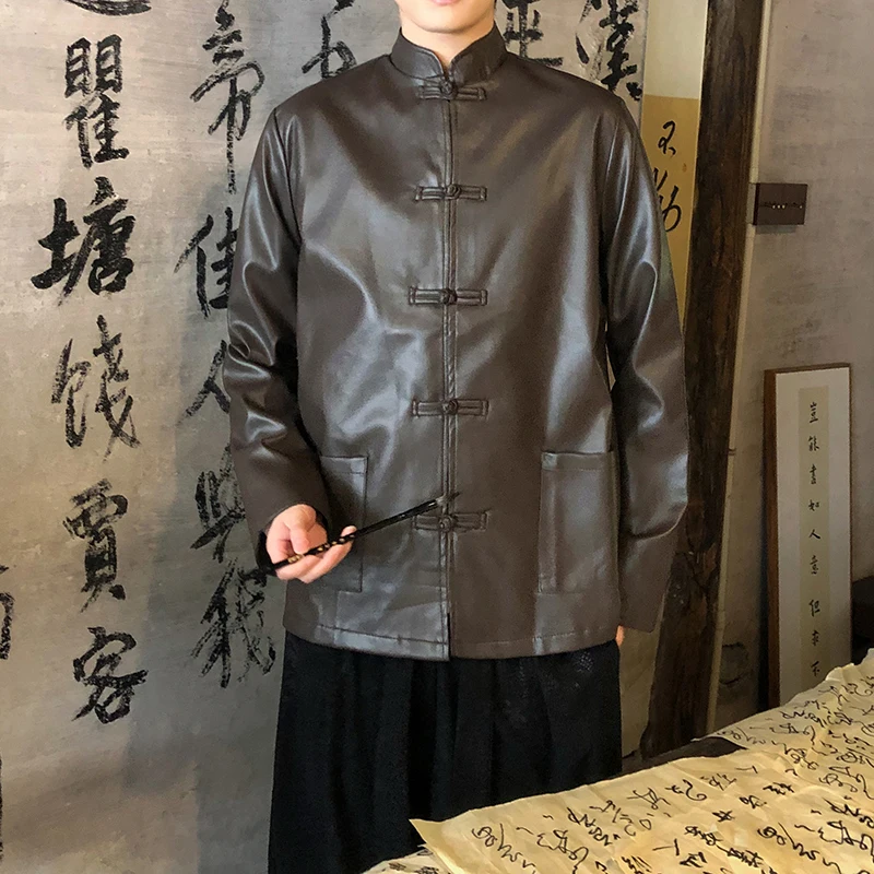

Tangz Studio Men's PU Leather Jaet with Button Design Traditional Chinese Sle Casual Outerwear for Youth Spring Season