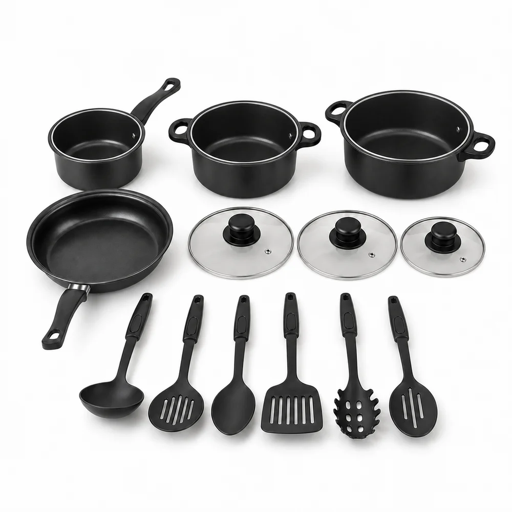13-Piece Set of Black Nonstick Pots, Frying Pan, and Cooking Tools Compatible with Induction for Indoor and Outdoor Use