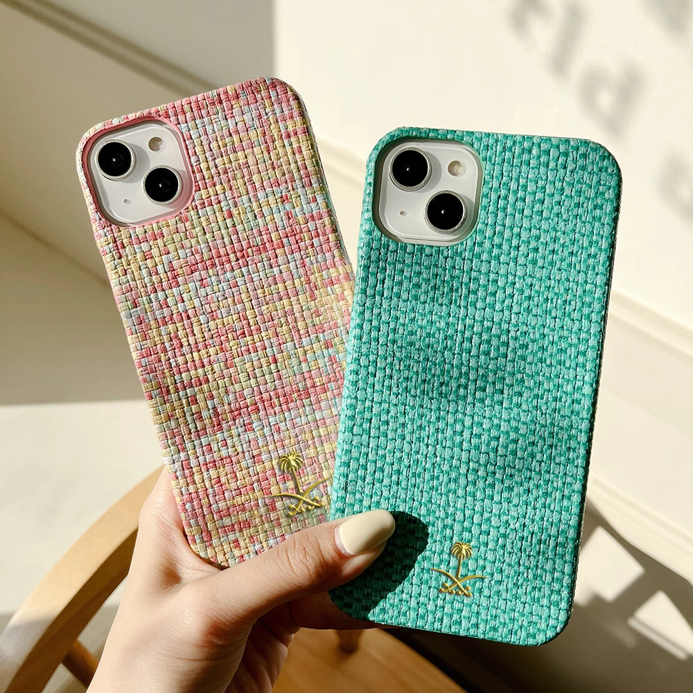 Luxury relief woven pattern 3D metal coconut tree Phone Cover Case For Iphone 15 14 13 12 11 pro max leather hard Coque Fundas