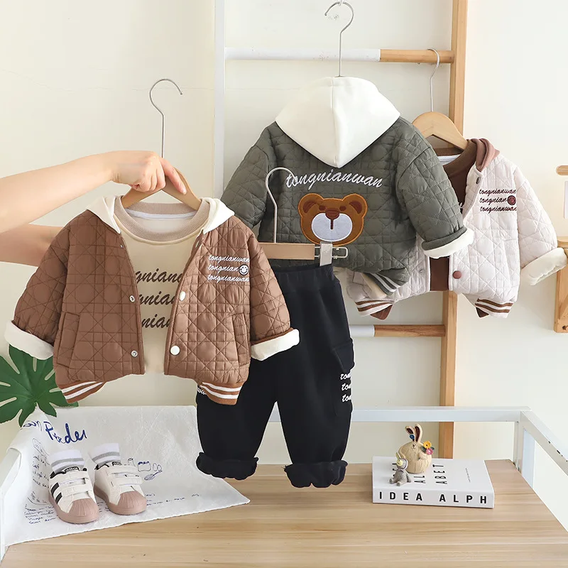 2025 Winter Kids Boys 3-Piece Set Warm Fleece-Lined Hooded Jacket & Sweatshirts & Pants Toddler Casual Outfit