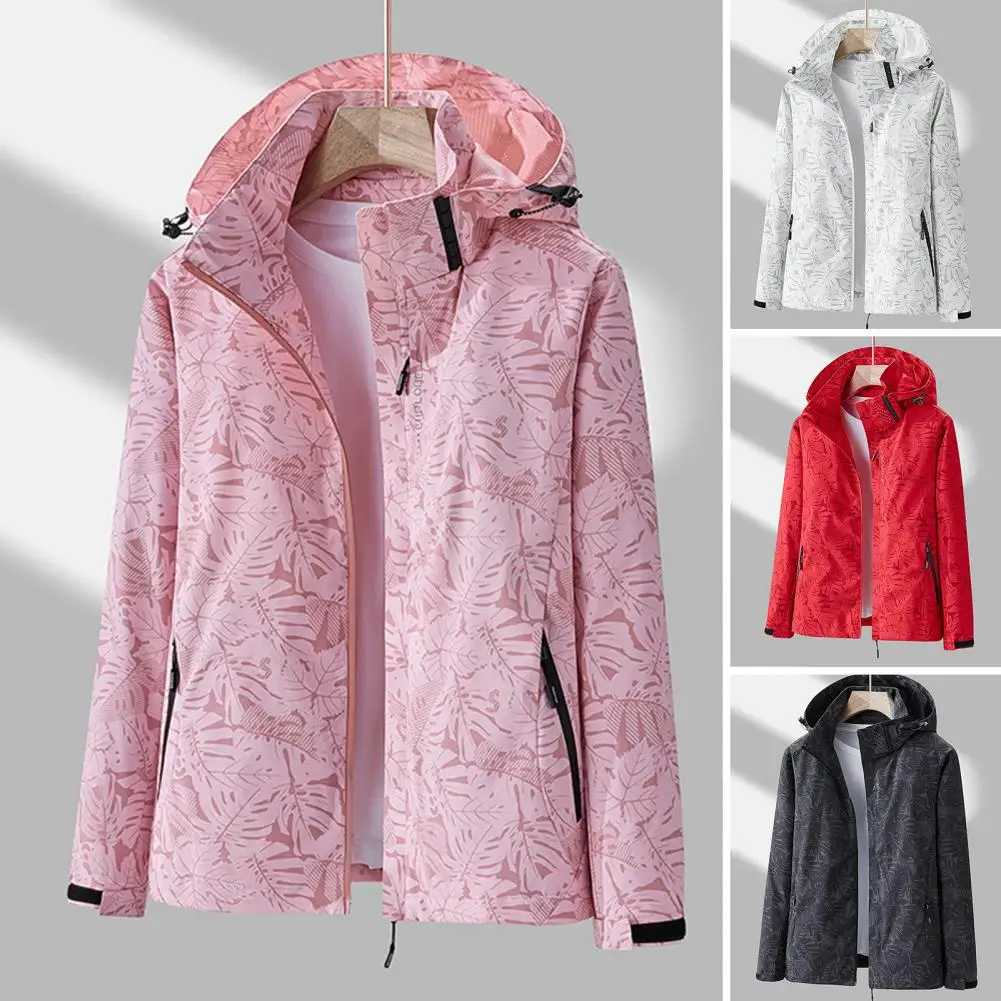 Waterproof Women Coat Leaf Print Waterproof Windbreaker Jacket with Hood Zipper Pockets for Women Breathable Outdoor for Fall