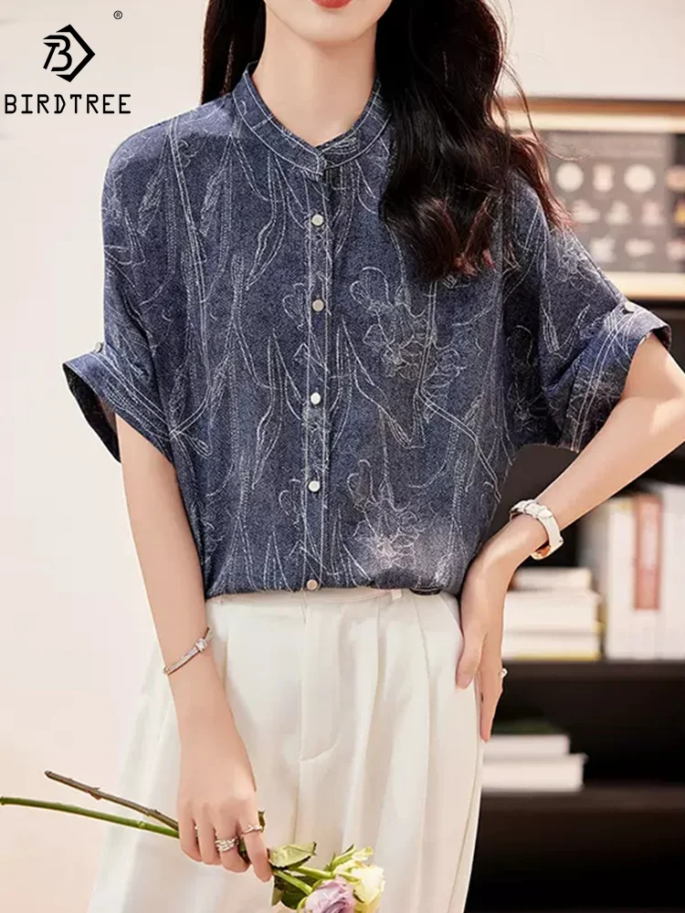 

BirdTree, 91.8%Natural Silk Elegant Shirt, Women Lapel Short Sleeve Print, Fashion Commute OL Blouses, 2024 Summer Fall T46431QM