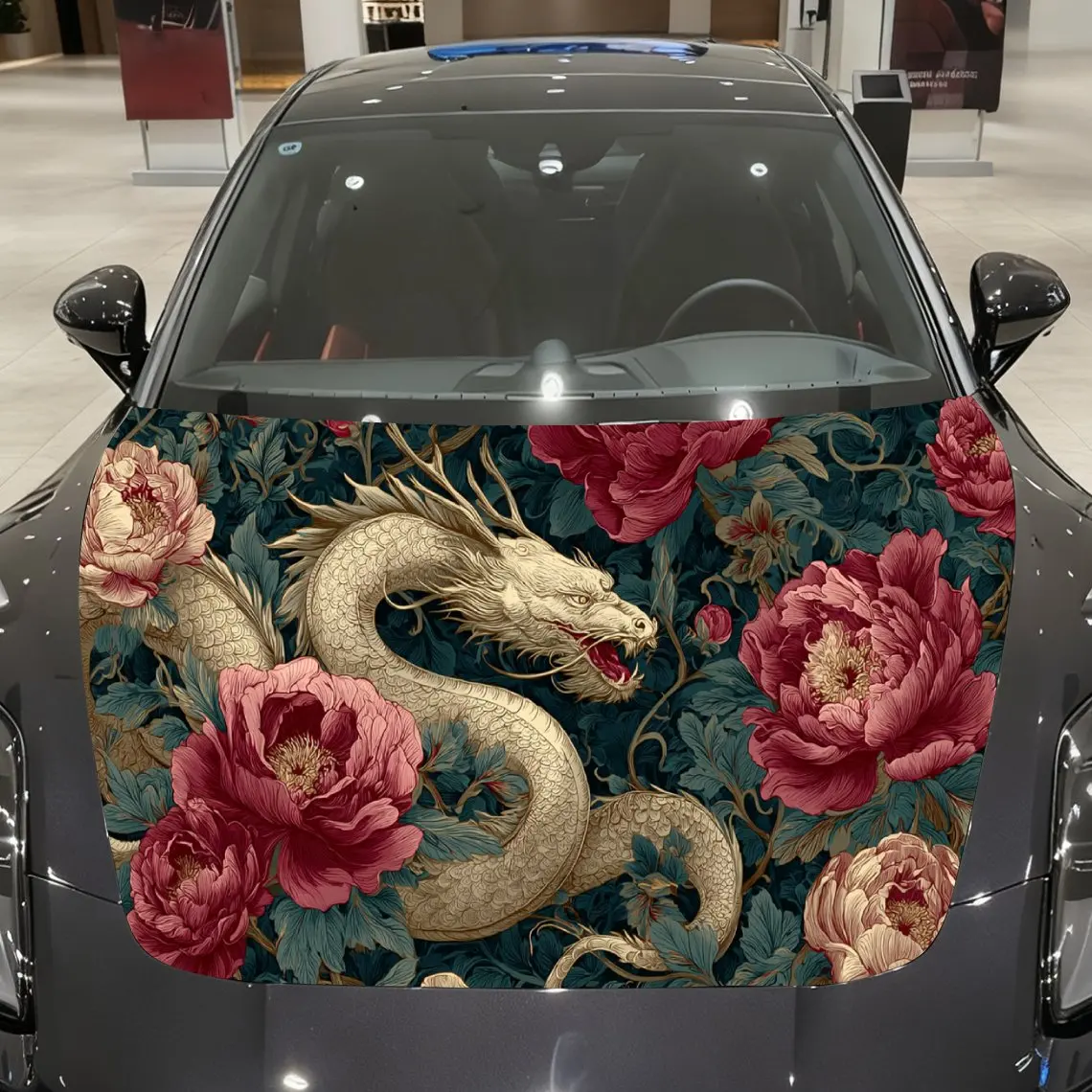 

White Dragon Entwined with Peonies Car Vinyl Wrap, PVC Material Waterproof Car Hood Sticker, Self-Adhesive Scratch-Resistant Sti