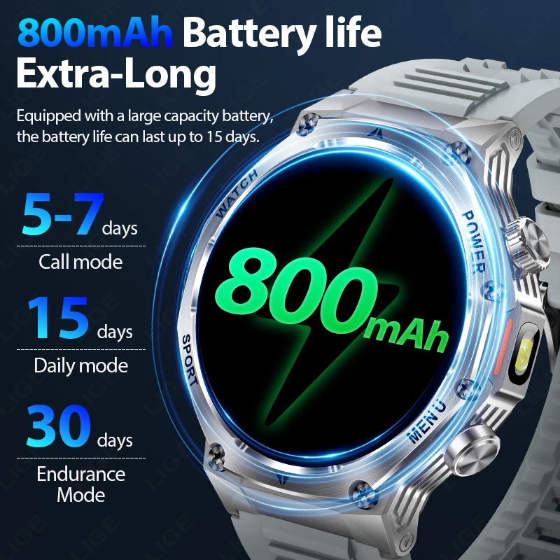 ساعة ذكية LIGE مزودة بمصباح يدوي مقاس 1.9 بوصة للرجال، ساعة رياضية خارجية، بطارية كبيرة 700 مللي أمبير، ساعة ذكية مزودة ببلوتوث وإضاءة LED