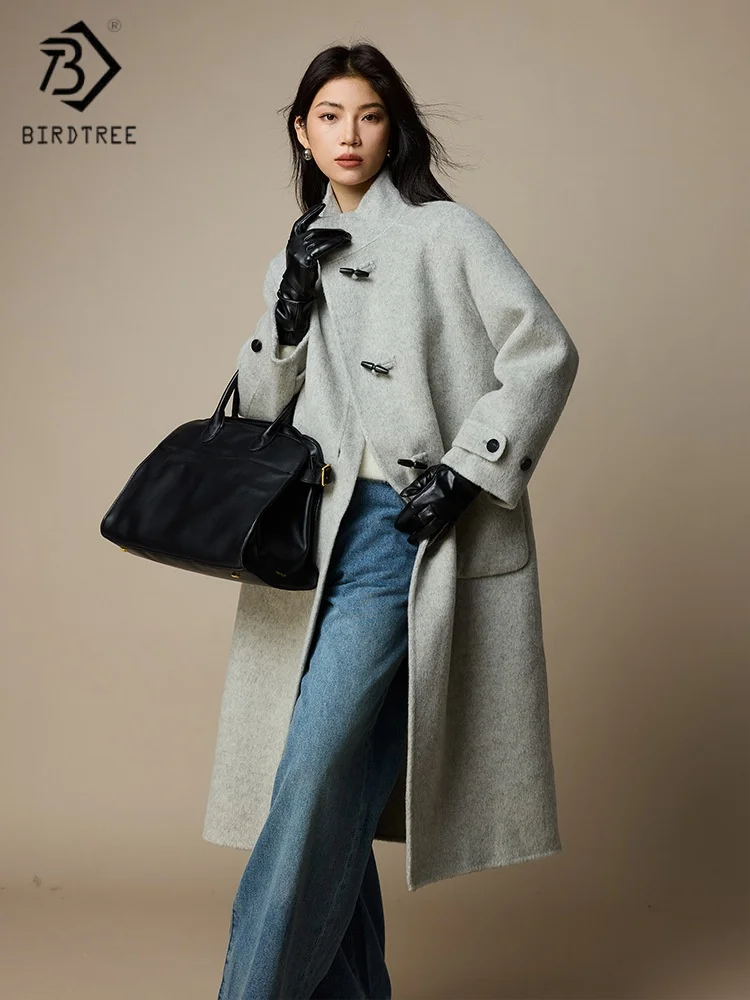

Birdtree, шерстяной кашемировый кардиган, женское пальто с воротником-стойкой, двустороннее шерстяное, однобортное, осеннее пальто 2025 T5N614JF