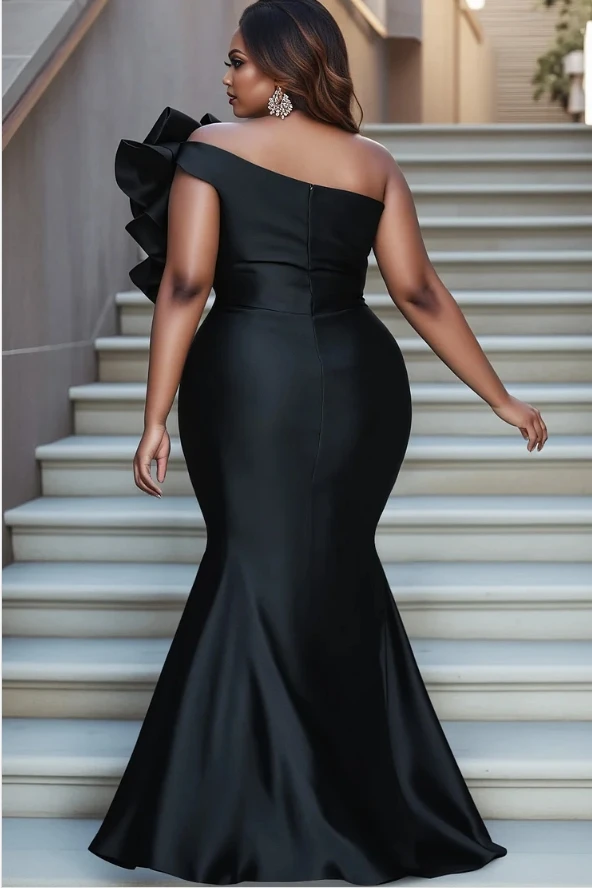 Design Plus Size Formal Black Elegant Oblique Collar Flutter Sleeve Ruffle Bodycon Satin Maxi Dresses